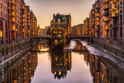 Historic warehouses at the Speicherstadt in Hamburg after sunset