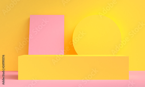 Pink and yellow pastel cream scene Geometrical abstract background, 3D render.