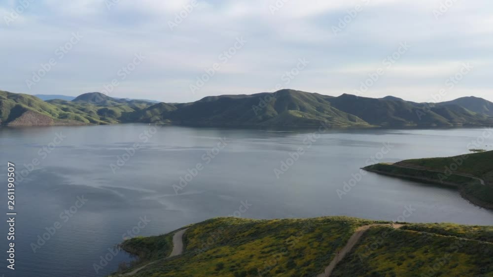 Drone shot of beautiful wildflower covered mountain and large lake in the background during California Super Bloom Drone shot of beautiful wildflower covered mountain and large lake in the background during California Super Bloom