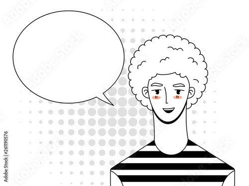 The young guy with a magnificent hairdress smiles. Comic cloud for dialogue. Retro illustration.
