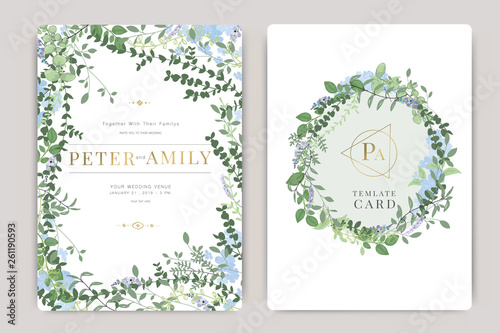 Wedding Invitation, floral invite thank you, rsvp modern card Design in blue and purple flower and leaf greenery  branches decorative Vector elegant rustic template