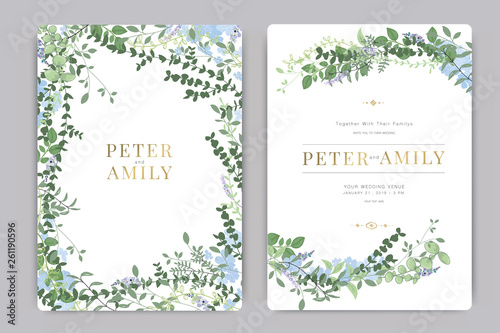 Wedding Invitation, floral invite thank you, rsvp modern card Design in blue and purple flower and leaf greenery  branches decorative Vector elegant rustic template