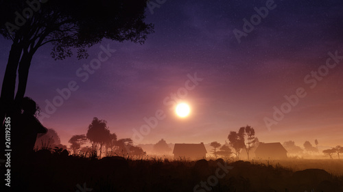 concept art of sunset in the fantasy countryside landscape 