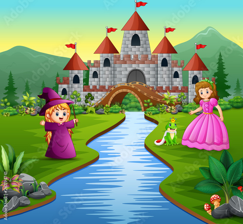 Princess, little witch and a frog prince in a castle background