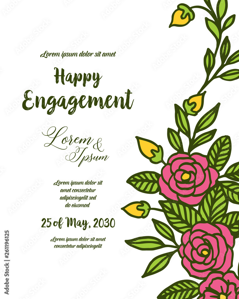 Vector illustration happy engagement greeting card with style of leaf flower frame