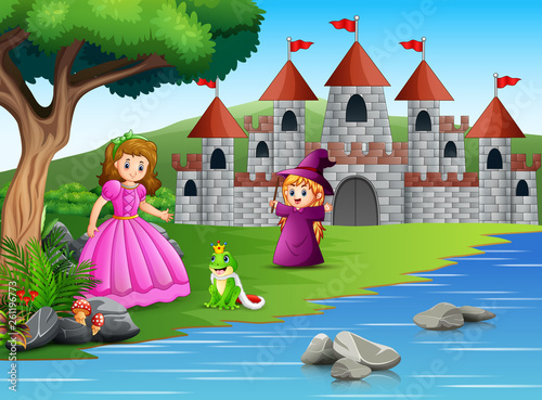 Princess, little witch and a frog prince on the nature