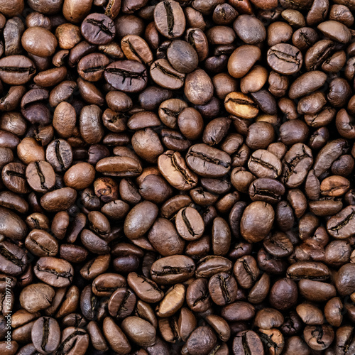 Coffee grains. Background of roasted coffee beans brown. layout. Flat lay. © andreyphoto63