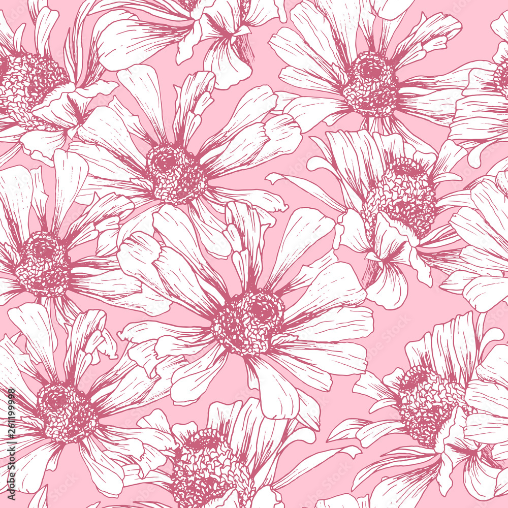 Fototapeta Romantic Pink Seamless Pattern for Valentines Day Holiday Wrapping Paper Design. Vector Feminine Floral Wallpaper Template with Helenium Autumnale Flower