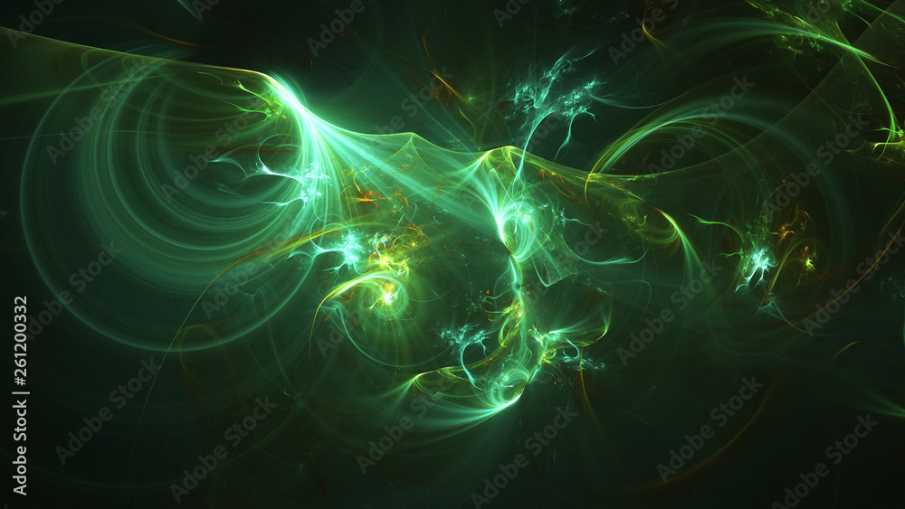 Abstract transparent green and golden crystal shapes. Fantasy light background. Digital fractal art. 3d