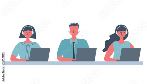 Web banner of call center workers. Young man and women in headphones sitting at the table on a white background. People icons. Funky flat style. Vector illustration.