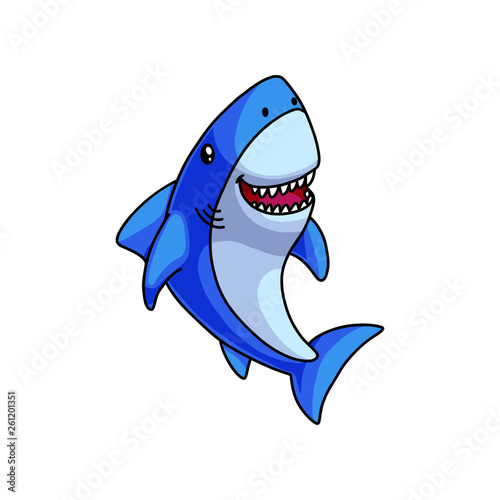 Cute colorful blue grey shark laughs with open mouth