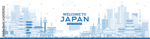 Outline Welcome to Japan Skyline with Blue Buildings.