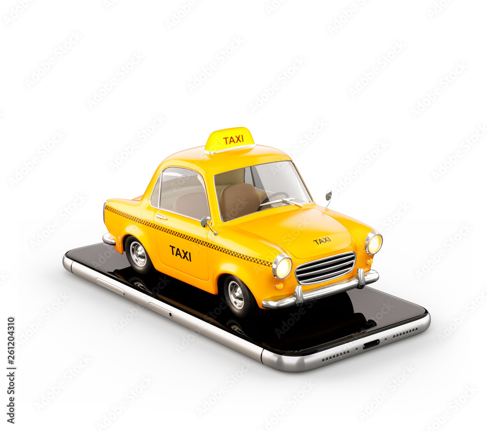 Smartphone application of taxi service for online searching calling and booking a cab. Unusual 3D illustration of taxi cab on smart phone.