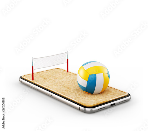 Unusual 3d illustration of a volleyball ball and on court on a smartphone screen. Watching beach volleyball and betting online concept photo