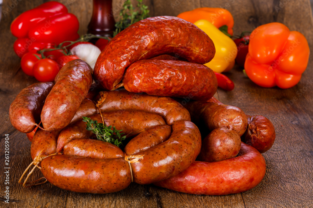 Pork sausages over wooden Pork sausages over wooden