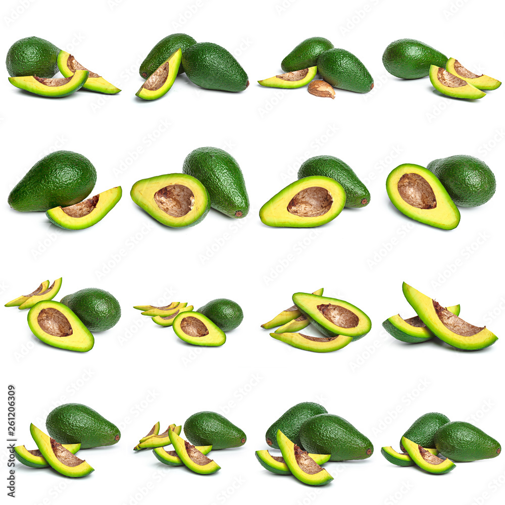 Set with avocado on white background