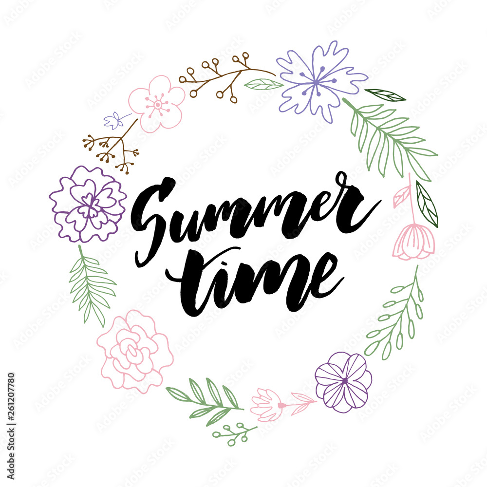 Vector illustration: Brush lettering composition of Summer flowers frame