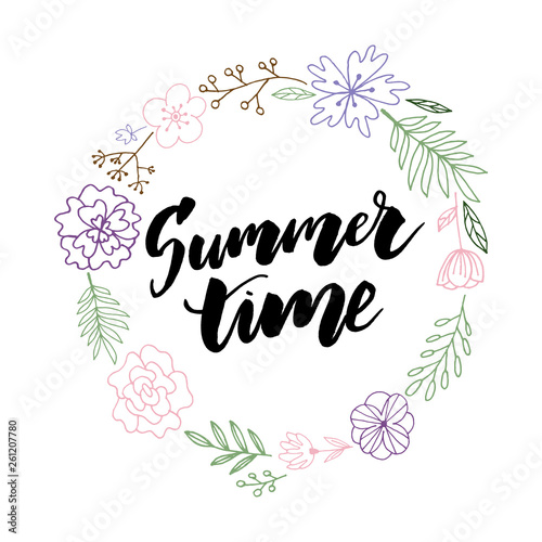 Vector illustration: Brush lettering composition of Summer flowers frame