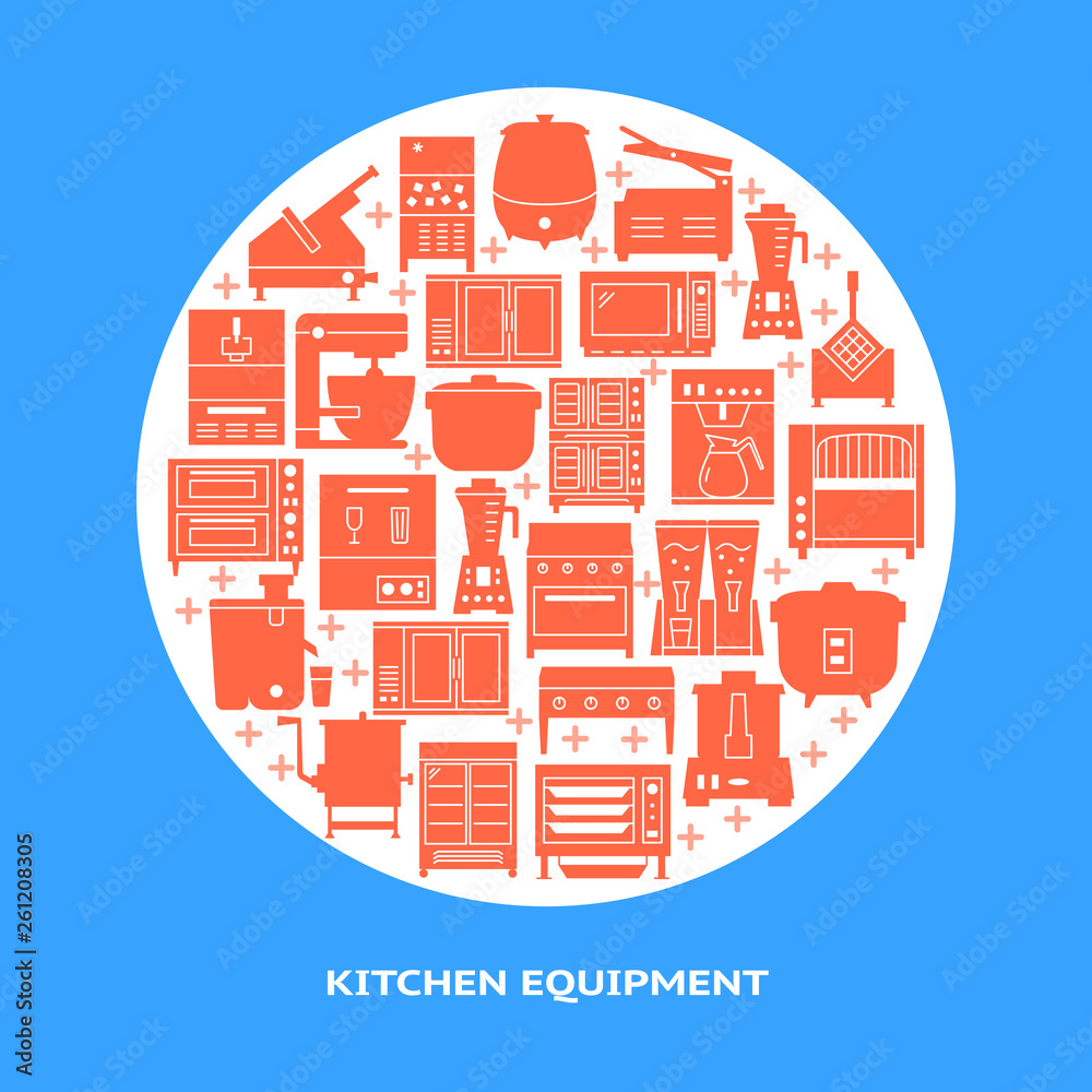 Professional kitchen equipment round banner template in flat style