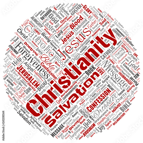 Vector conceptual christianity, jesus, bible, testament round circle red  word cloud isolated background. Collage of teachings, salvation resurrection, heaven, confession, forgiveness, love concept