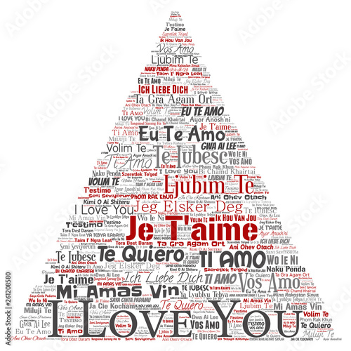 Vector conceptual sweet romantic I love you multilingual message triangle arrow word cloud isolated background. Collage of valentine day, romance affection,  happy emotion or passion lovely concept