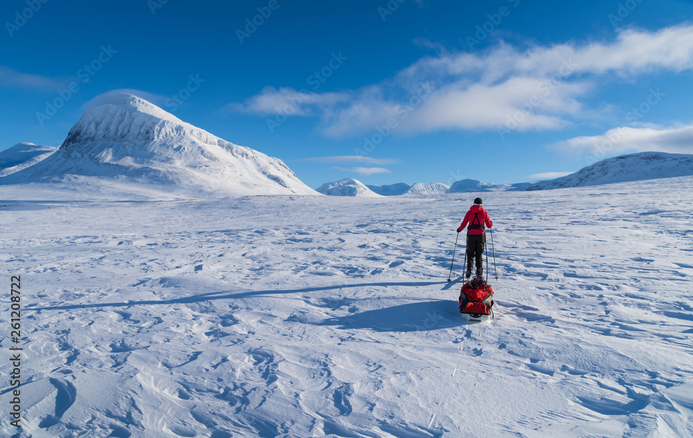 Cross-country skier with sled (pulka) in national park Sarek, Swedish Lapland. Sweden.