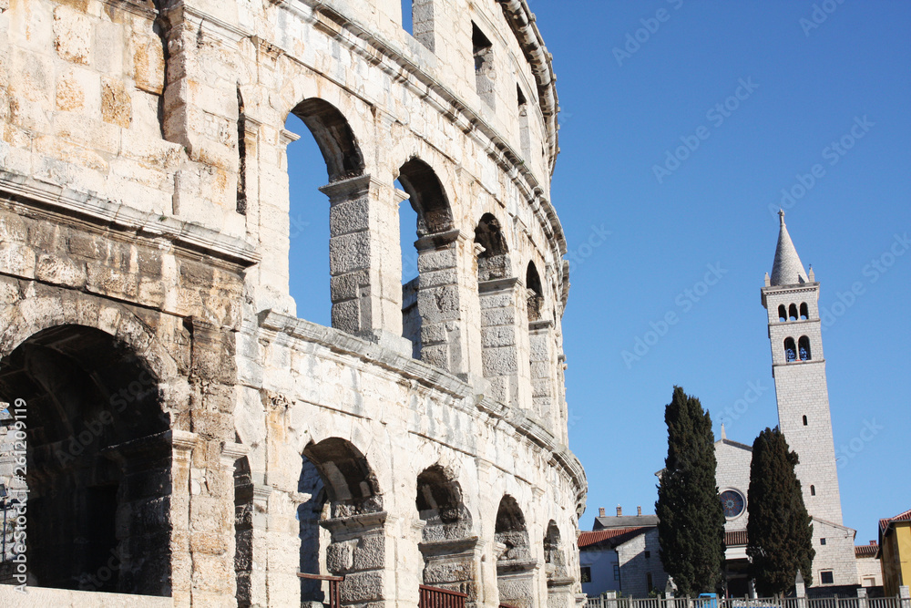 Roman amphitheater Pula. Arena ancient Roman times. Architecture Croatia.