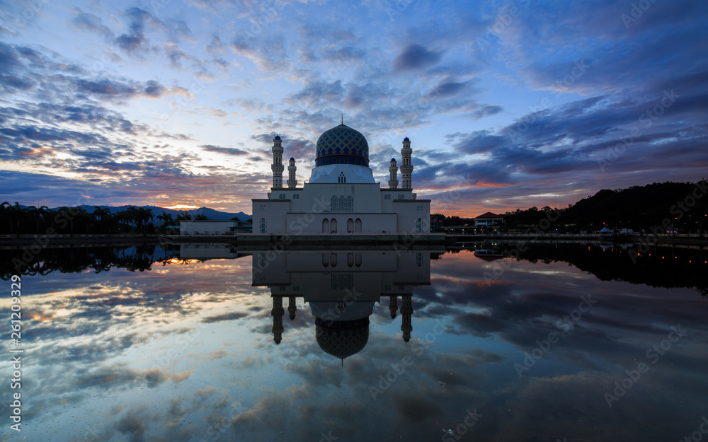 Amazing sunrise blue hour with dramatic cloud and reflection of Floating Mosque Of Kota Kinabalu, Sabah. 
