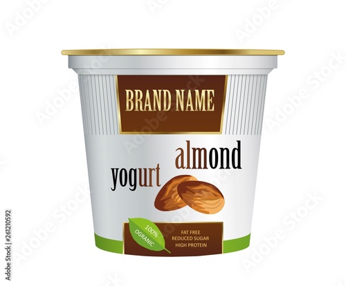 Packaging design yogurt with almond. Vector isolated on white background. Plastic container for cherry yogurt and dessert.