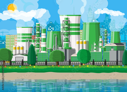 Factory building. Industrial factory, power plant. Pipes, buildings, warehouse, storage tank. Green eco plant. Urban cityscape skyline water reservoir. Trees clouds and sun. Flat vector illustration photo