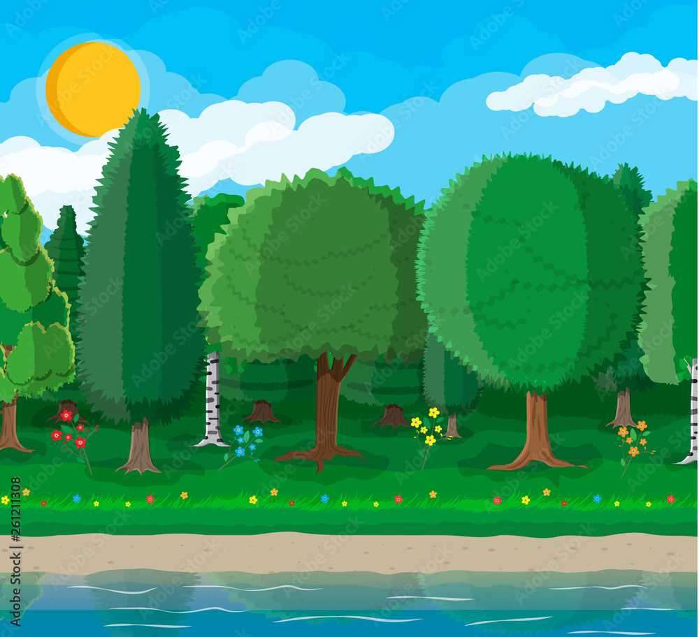 City park concept, water reservoir and trees. Flowers, pond or river. Deep forest. Sky with clouds and sun. Leisure time in summer city park. Vector illustration in flat style