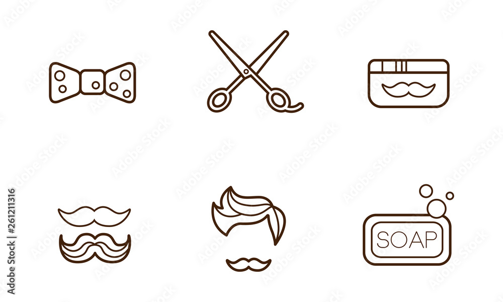 Vector set of linear barber shop icons. Bow-tie, scissors, soap, jar of wax, stylish haircut and mustache