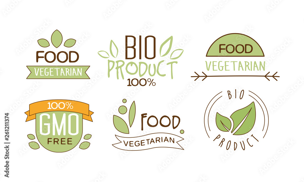 Vector set of food labels with text. Gluten free. Vegetarian nutrition. Emblems for packing natural products Vector set of food labels with text. Gluten free. Vegetarian nutrition. Emblems for packing natural products