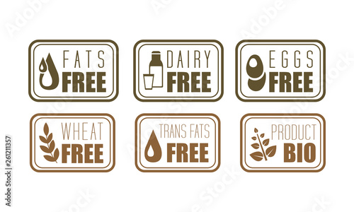 Vector set of allergen free labels trans fats, dairy, eggs and wheat . Natural product symbols. Organic food theme