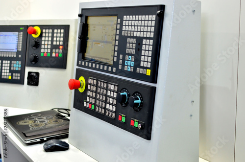 Milling CNC machine control panel with display. Selective focus.