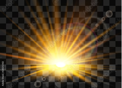 Sunrise, dawn. Vector transparent sunlight. Special lens flare light effect.