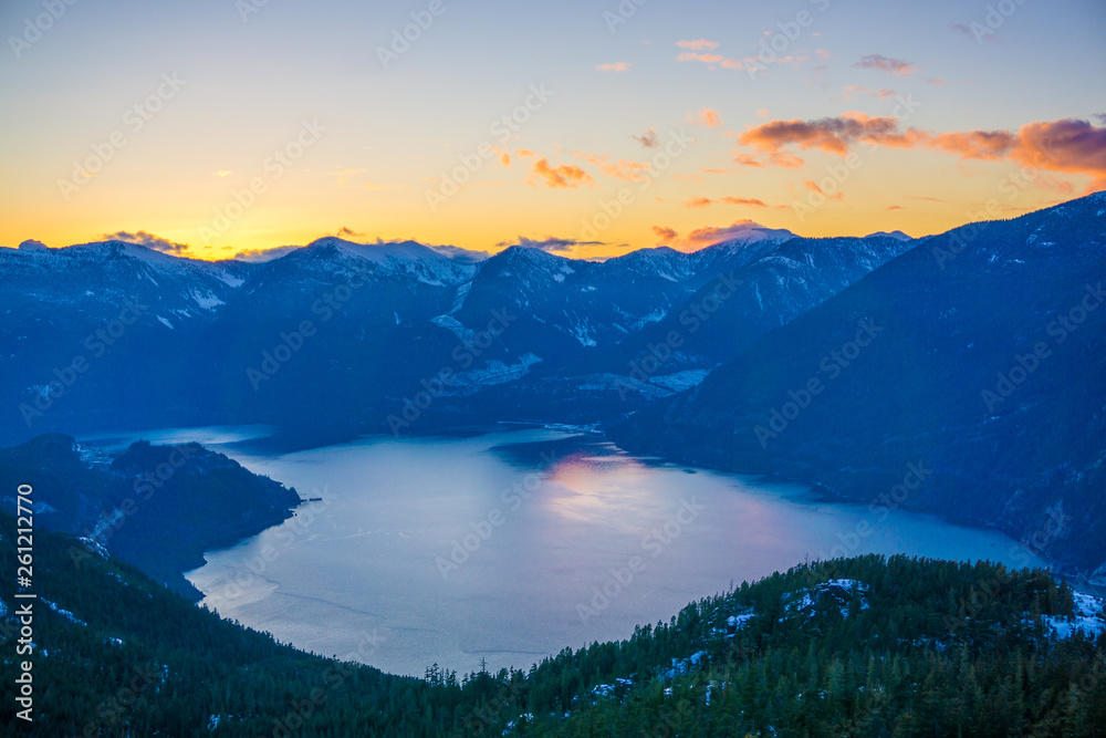 Howe Sound Panorama, view on mountain during sunset, Squamish, BC, Canada