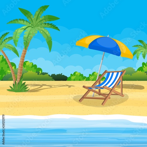 Landscape of wooden chaise lounge  palm tree on beach. Umbrella. Day in tropical place. Vector illustration in flat style
