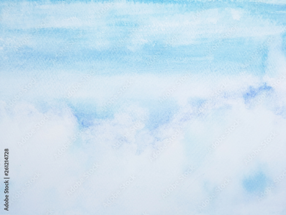 watercolor painting hand drawn on paper summer blue sky and white clouds.