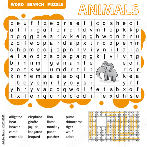 Words search puzzle game of animals for preschool kids activity worksheet colorful printable version. Vector Illustration.
