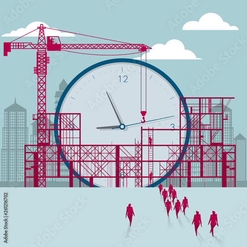 The clock is under construction.A group of businessmen walked to the building site.