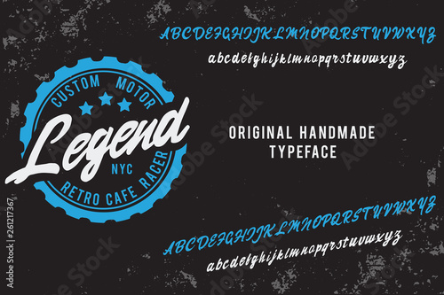 Legend. Script font. Custom motor. Cafe racer. New York. Coffee logo. Hand made font and logo.	