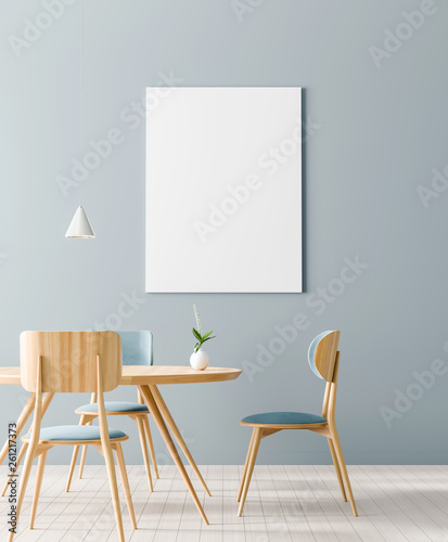 Fototapeta Naklejka Na Ścianę i Meble -  Mock up poster frame in Scandinavian style dining room. Minimalist dining room design. 3D illustration.