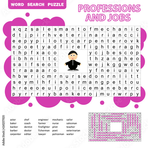 Words puzzle children educational game. Learning vocabulary. Professions and jobs.