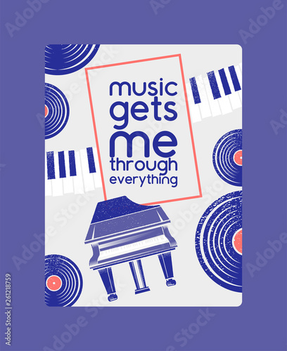 Musical instruments badges poster, banner vector illustration. Music concept with vinyl record, piano. Live music event. Show advertisement. Music gets me through everyting.
