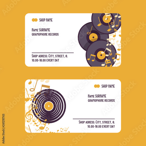 Musical accessories set of business cards vector illustration. Music concept with vinyl records, notes. Playing instrument. Live music event. Advertisement. Shop contacts.
