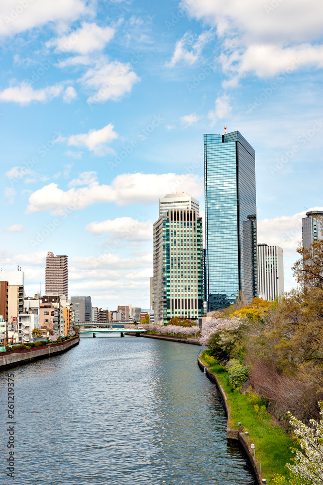 Office buildings along Okawa river in Osaka, Japan