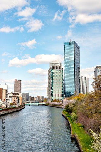 Office buildings along Okawa river in Osaka  Japan
