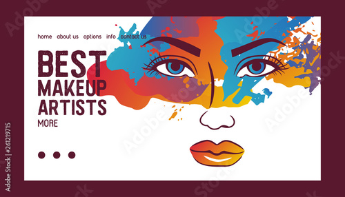 Woman face banner web vector illustration. Beauty design for salon, make up artist courses training. Cosmetic products, professional care. School for beautician. Masterclass.