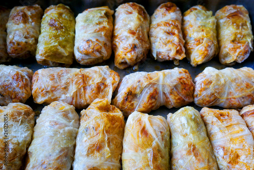 Home made food. Prepared for baking sarmi. Traditional meal with rice-stuffed cabbage leaves for Christmas Eve.